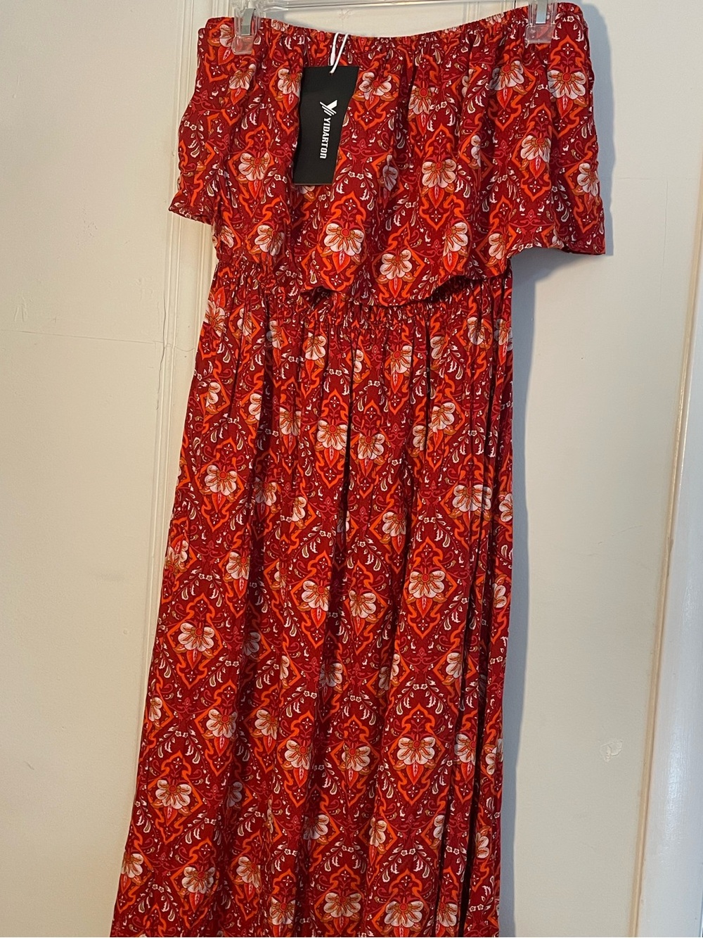 🔥 YIDARTON NWT Red Floral Boho Off Shoulder Maxi Dress Size L